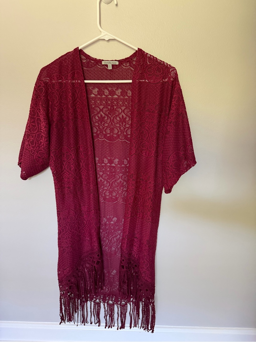 Charlotte Russe Women's Sheer Lace Fringe Duster Kimono - Burgundy